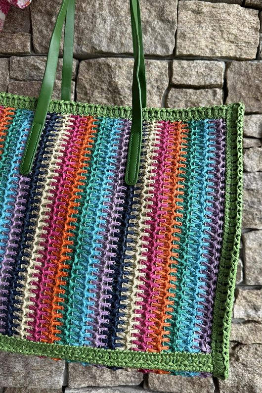 Kondi Rainbow Raffia Tote Bag Green